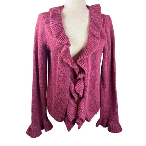 KIABI WOMAN Fuchsia Pink Purple Ruffle Wool Mohair Blend Cardigan Sweater Size L - Picture 2 of 15